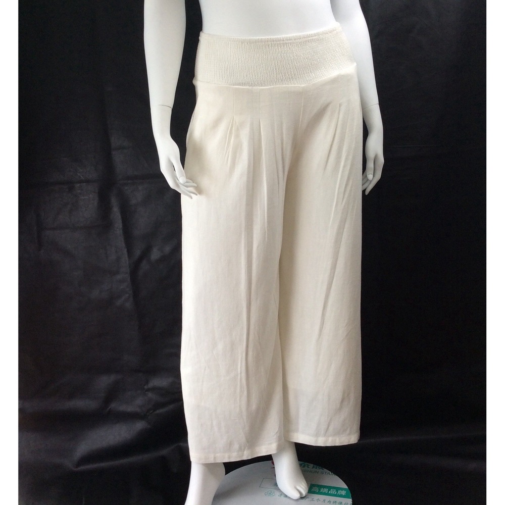 ANRABESS Womens Cream Pants Linen Blend Wide Leg Smocked High Waist Large NWT